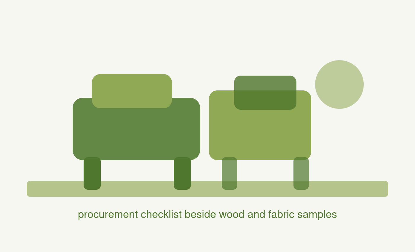 procurement checklist beside wood and fabric samples for furniture sourcing